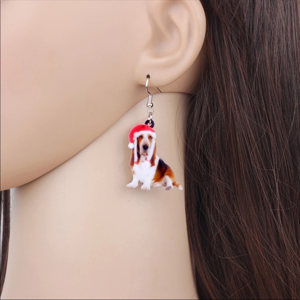 Basset Hound Christmas Acrylic Earrings - Picture 3 of 7